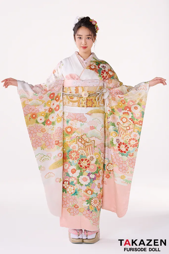TAKAZENのレンタル振袖 プレミアム古典　吉澤織物/最高級金彩手描友禅　白ピンク　かわいい　吉祥の晴れ着　田中優子の世界　藤岡舞衣【通販可】26027
