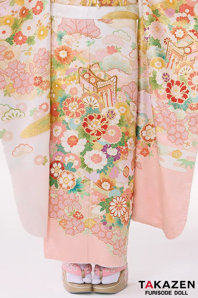 TAKAZENのレンタル振袖 プレミアム古典　吉澤織物/最高級金彩手描友禅　白ピンク　かわいい　吉祥の晴れ着　田中優子の世界　藤岡舞衣【通販可】26027