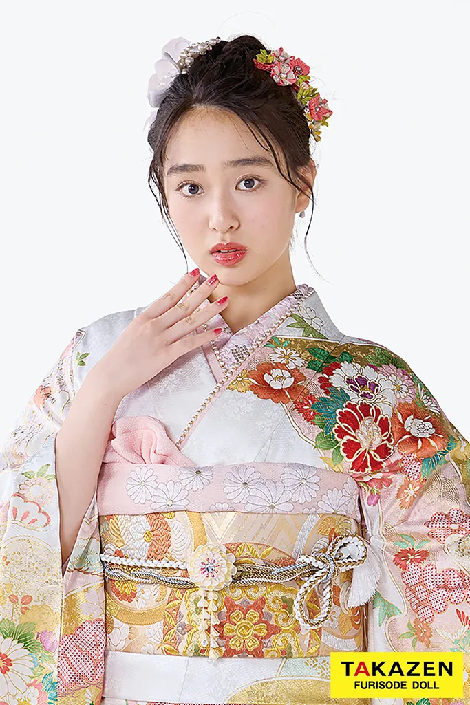 TAKAZENのレンタル振袖 プレミアム古典　吉澤織物/最高級金彩手描友禅　白ピンク　かわいい　吉祥の晴れ着　田中優子の世界　藤岡舞衣【通販可】26027