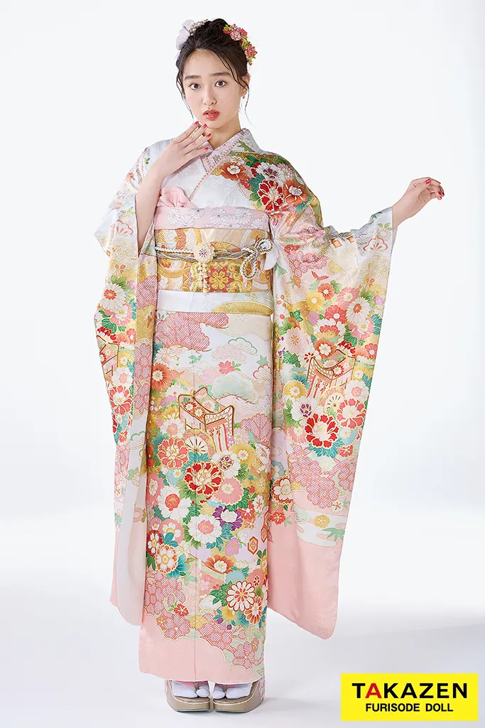 TAKAZENのレンタル振袖 プレミアム古典　吉澤織物/最高級金彩手描友禅　白ピンク　かわいい　吉祥の晴れ着　田中優子の世界　藤岡舞衣【通販可】26027