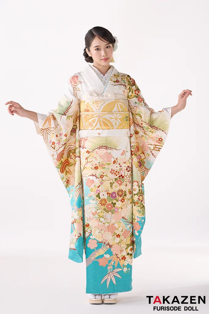 TAKAZENのレンタル振袖 プレミアム古典　吉澤織物/最高級金彩手描友禅/匠　白水色　おしとやか　爽やか　綺麗　上品　天翔天音【通販可】26028