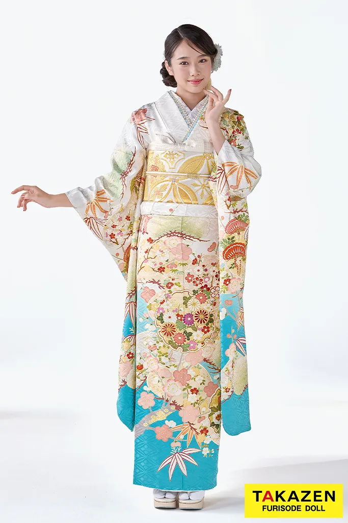TAKAZENのレンタル振袖 プレミアム古典　吉澤織物/最高級金彩手描友禅/匠　白水色　おしとやか　爽やか　綺麗　上品　天翔天音【通販可】26028