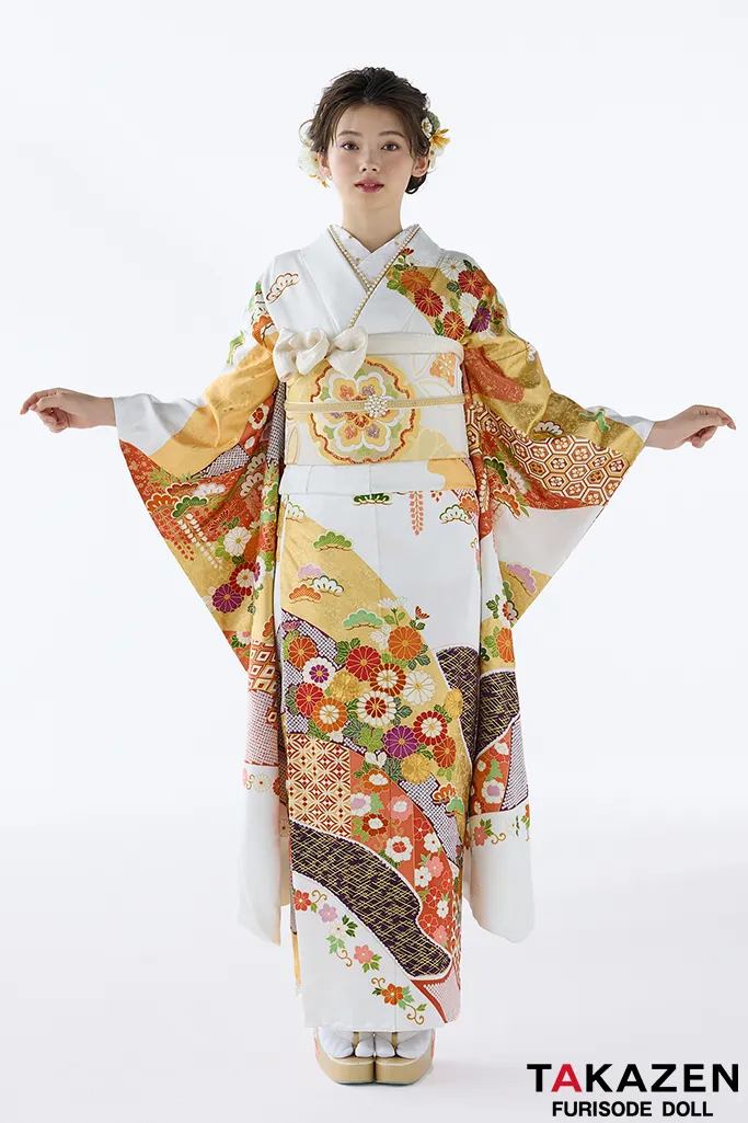 TAKAZENのレンタル振袖 プレミアム古典　吉澤織物/逸品/最高級染繍桶絞り友禅　白エンジ　高級振袖　上品　柄小さめ　金駒刺繍　南琴奈【通販可】26029