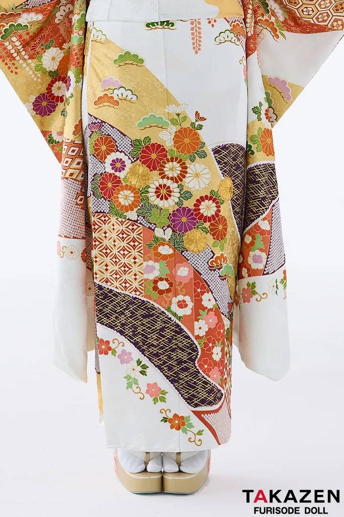 TAKAZENのレンタル振袖 プレミアム古典　吉澤織物/逸品/最高級染繍桶絞り友禅　白エンジ　高級振袖　上品　柄小さめ　金駒刺繍　南琴奈【通販可】26029