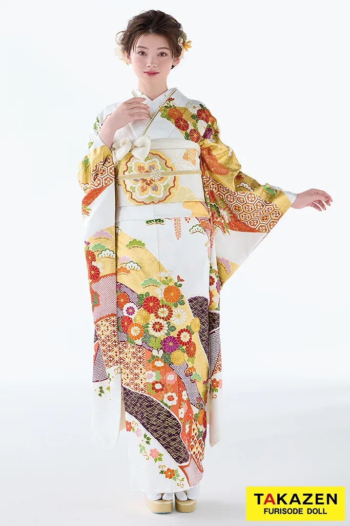 TAKAZENのレンタル振袖 プレミアム古典 吉澤織物/逸品/最高級染繍桶絞り友禅 白エンジ 高級振袖 上品 柄小さめ 金駒刺繍 南琴奈【通販可】26029