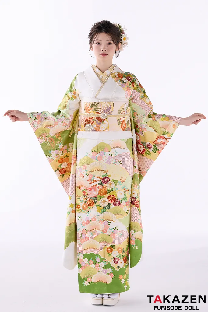 TAKAZENのレンタル振袖 プレミアム古典　吉澤織物/文楽・人間国宝　吉田蓑助の世界 　最高級金彩手描友禅　白/黄緑　かわいらしい　上品　南琴奈【通販可】26030