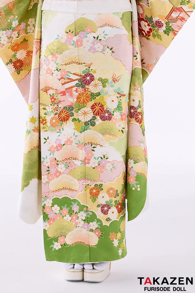 TAKAZENのレンタル振袖 プレミアム古典　吉澤織物/文楽・人間国宝　吉田蓑助の世界 　最高級金彩手描友禅　白/黄緑　かわいらしい　上品　南琴奈【通販可】26030