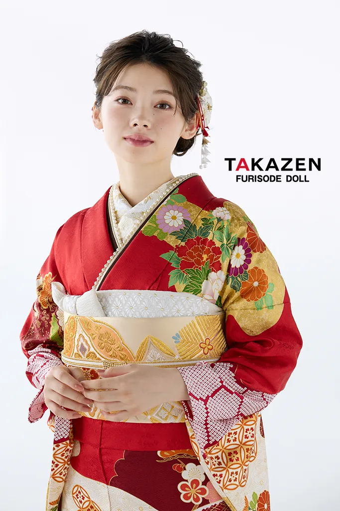 TAKAZENのレンタル振袖 プレミアム古典　吉澤織物/逸品　最高級染繍桶絞り友禅 　赤　牡丹柄　上品な振袖　綺麗　南琴奈【通販可】26031