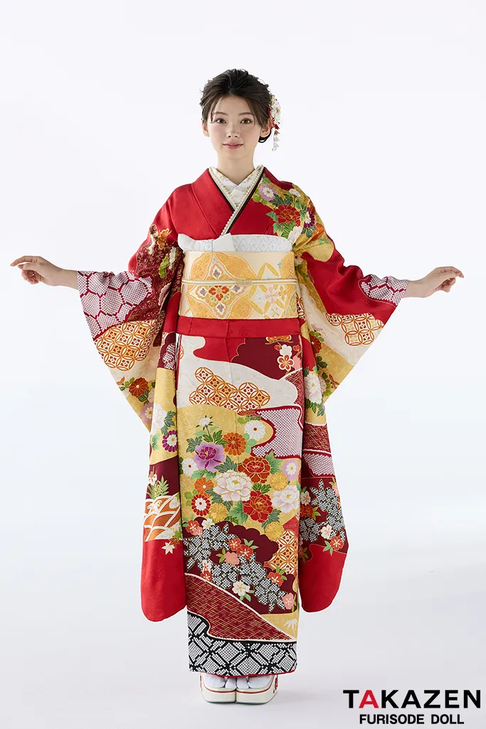 TAKAZENのレンタル振袖 プレミアム古典　吉澤織物/逸品　最高級染繍桶絞り友禅 　赤　牡丹柄　上品な振袖　綺麗　南琴奈【通販可】26031