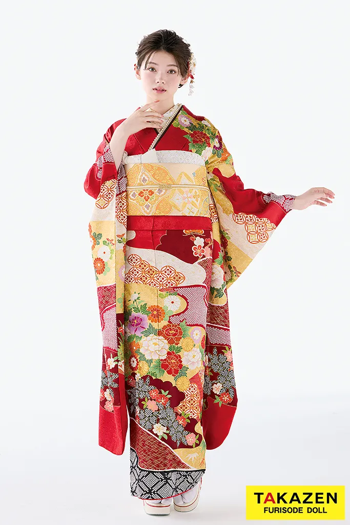 TAKAZENのレンタル振袖 プレミアム古典　吉澤織物/逸品　最高級染繍桶絞り友禅 　赤　牡丹柄　上品な振袖　綺麗　南琴奈【通販可】26031