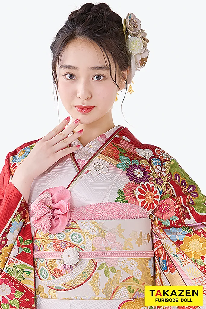TAKAZENのレンタル振袖 プレミアム古典　吉澤織物/吾妻徳穂　踊りの世界 最高級金彩手描き友禅　赤　熨斗柄　清楚な振袖　綺麗　藤岡舞衣【通販可】26032