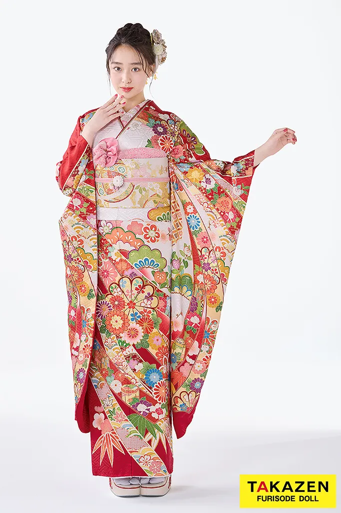 TAKAZENのレンタル振袖 プレミアム古典　吉澤織物/吾妻徳穂　踊りの世界 最高級金彩手描き友禅　赤　熨斗柄　清楚な振袖　綺麗　藤岡舞衣【通販可】26032