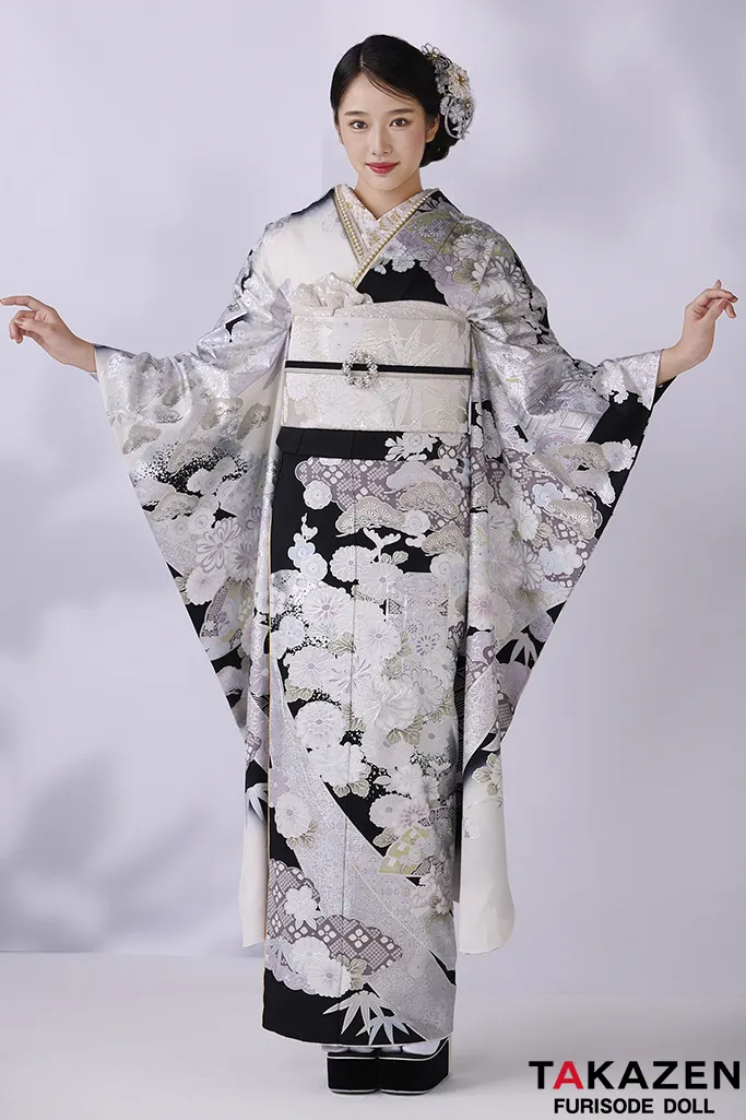 TAKAZENのレンタル振袖 高級古典　関芳/最高級金彩刺繍友禅　黒/シルバー　レース　かっこいい　大人っぽい振袖　天翔天音【通販可】26033