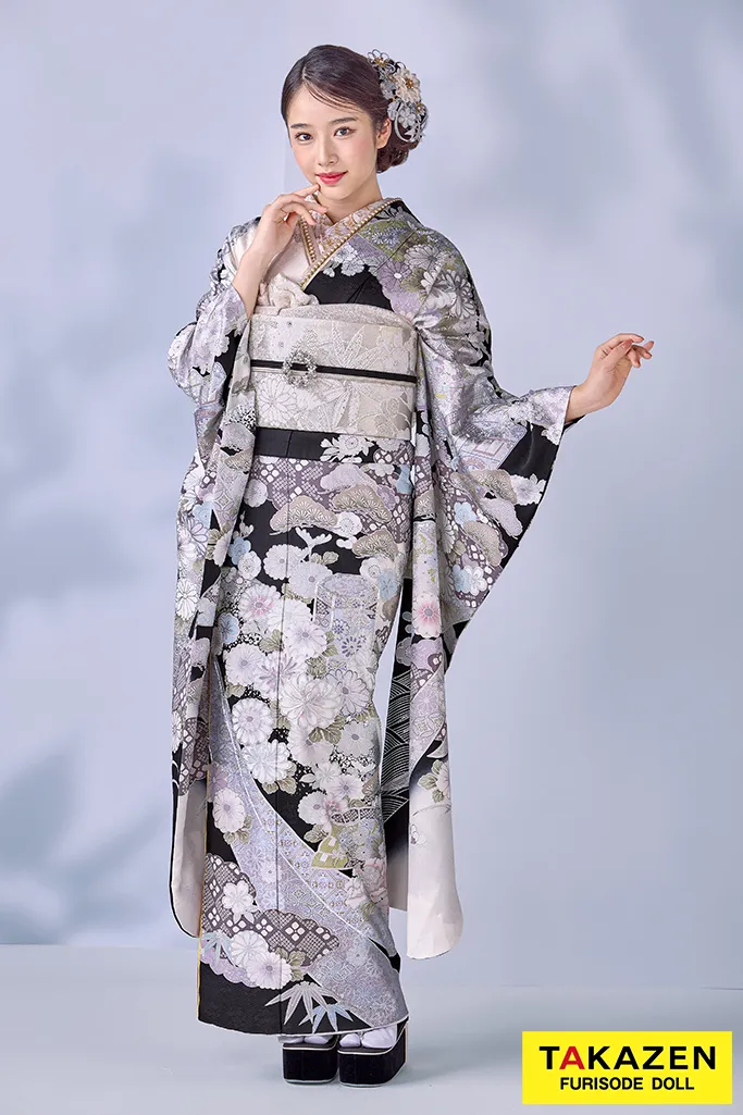 TAKAZENのレンタル振袖 高級古典　関芳/最高級金彩刺繍友禅　黒/シルバー　レース　かっこいい　大人っぽい振袖　天翔天音【通販可】26033