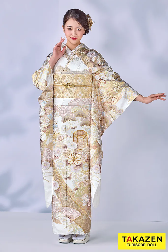 TAKAZENのレンタル振袖 最高級古典柄振袖 関芳/最高級金彩刺繍友禅 白/金 レース 上品 正絹 桂由美 透明感のある振袖 天翔愛【通販可】26036