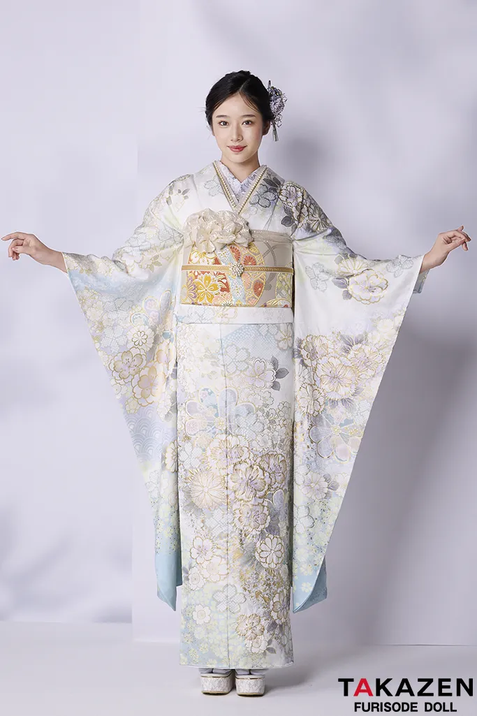 TAKAZENのレンタル振袖 最高級古典柄振袖　関芳/最高級金彩刺繍絞り友禅　水色/白/淡い色　おしとやか　上品　透明感のある振袖　天翔天音【通販可】26037