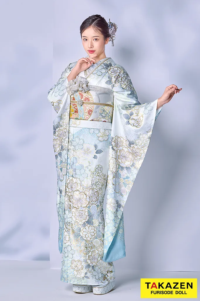 TAKAZENのレンタル振袖 最高級古典柄振袖　関芳/最高級金彩刺繍絞り友禅　水色/白/淡い色　おしとやか　上品　透明感のある振袖　天翔天音【通販可】26037