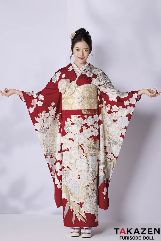 TAKAZENのレンタル振袖 最高級古典柄振袖　関芳/最高級金彩刺繍絞り友禅　赤　おしとやか　上品　かわいい振袖　天翔天音【通販可】26038