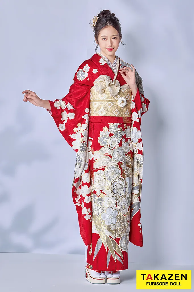 TAKAZENのレンタル振袖 最高級古典柄振袖　関芳/最高級金彩刺繍絞り友禅　赤　おしとやか　上品　かわいい振袖　天翔天音【通販可】26038