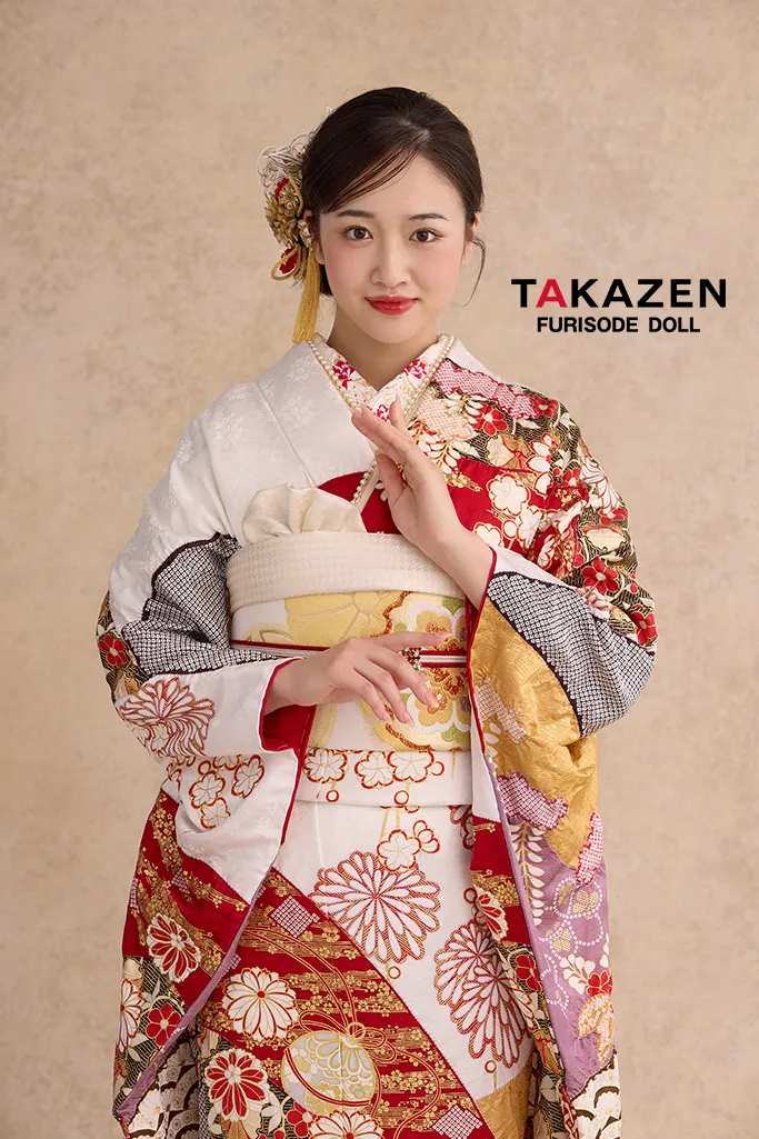 TAKAZENのレンタル振袖 最高級古典柄振袖　滝泰/最高級金彩刺繍絞り友禅　赤/金　貝桶柄/牡丹柄　大人っぽい　豪華な振袖　絞り　天翔愛【通販可】26039