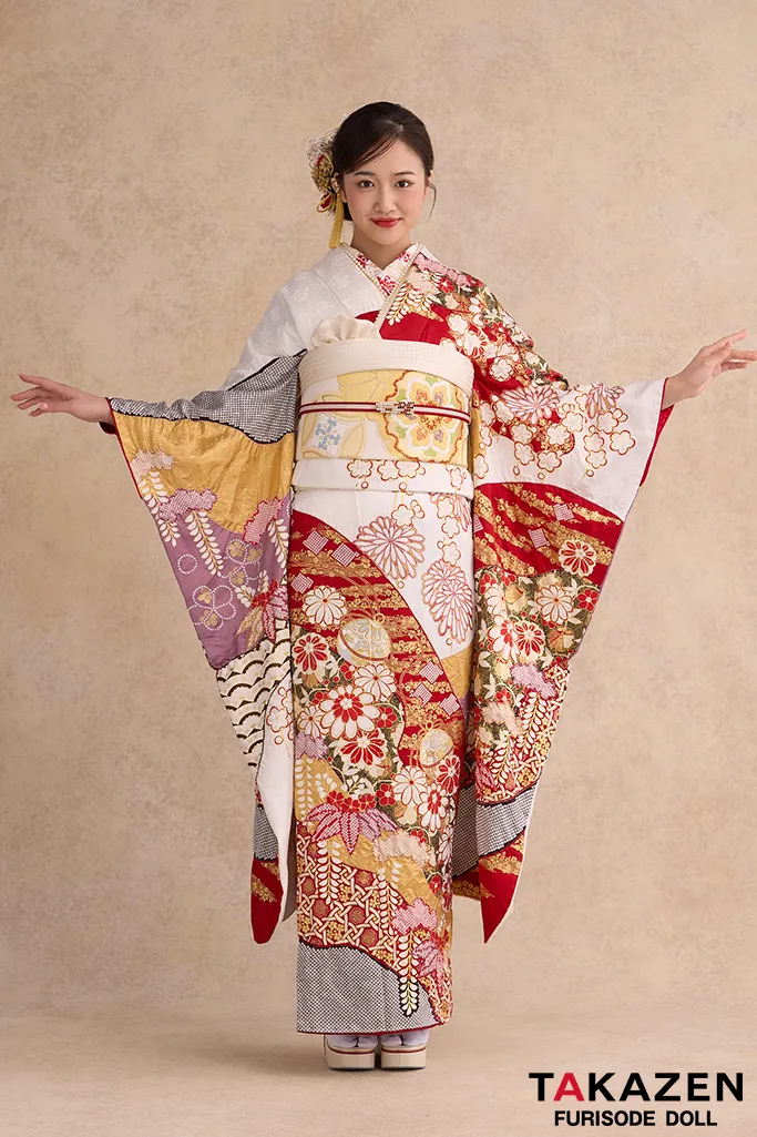TAKAZENのレンタル振袖 最高級古典柄振袖　滝泰/最高級金彩刺繍絞り友禅　赤/金　貝桶柄/牡丹柄　大人っぽい　豪華な振袖　絞り　天翔愛【通販可】26039