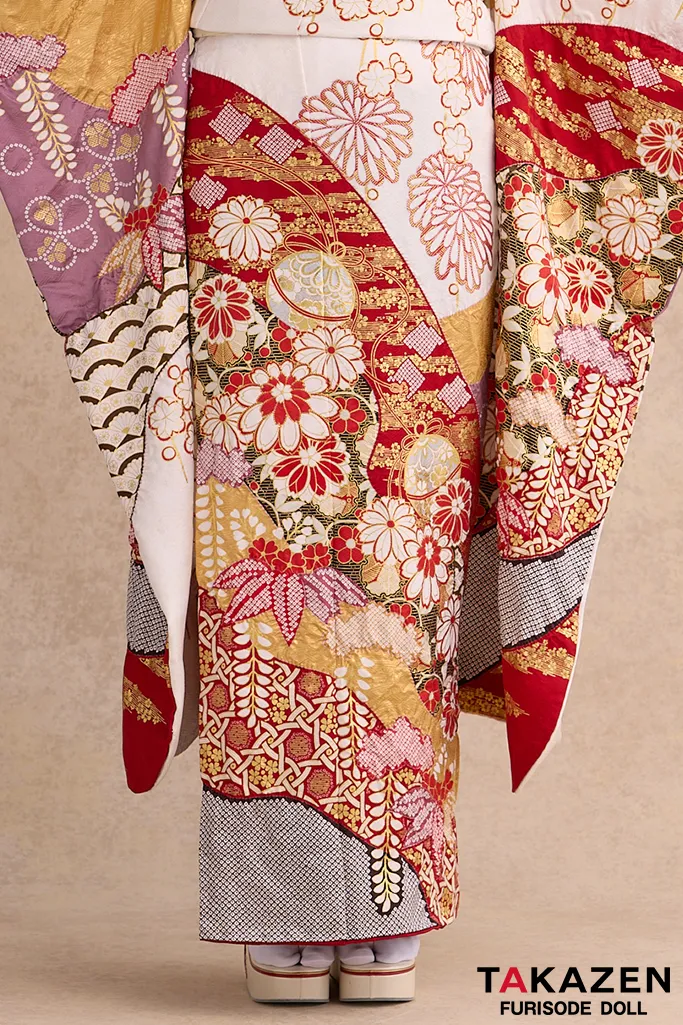 TAKAZENのレンタル振袖 最高級古典柄振袖　滝泰/最高級金彩刺繍絞り友禅　赤/金　貝桶柄/牡丹柄　大人っぽい　豪華な振袖　絞り　天翔愛【通販可】26039