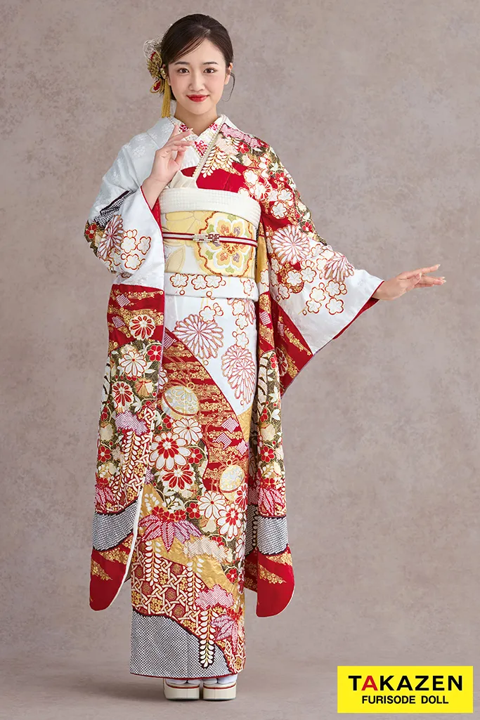 TAKAZENのレンタル振袖 最高級古典柄振袖　滝泰/最高級金彩刺繍絞り友禅　赤/金　貝桶柄/牡丹柄　大人っぽい　豪華な振袖　絞り　天翔愛【通販可】26039
