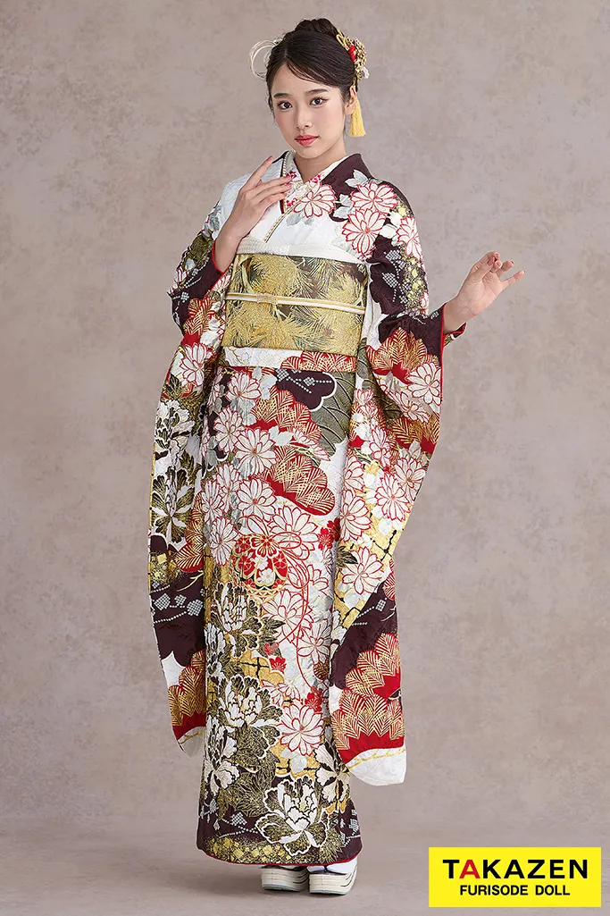 TAKAZENのレンタル振袖 最高級古典柄振袖 滝泰/最高級金彩刺繍絞り友禅 赤/金 牡丹柄 大人っぽい 絞り 天翔天音【通販可】26040