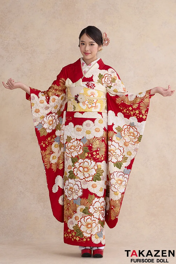 TAKAZENのレンタル振袖 プレミアム古典　滝泰/最高級金彩刺繡絞り友禅　赤　牡丹柄　王道　清楚な振袖　綺麗　高級　天翔天音【通販可】26041