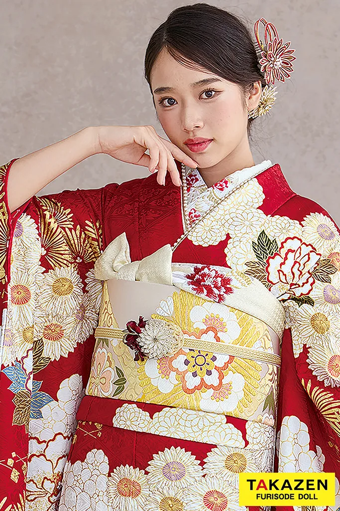 TAKAZENのレンタル振袖 プレミアム古典　滝泰/最高級金彩刺繡絞り友禅　赤　牡丹柄　王道　清楚な振袖　綺麗　高級　天翔天音【通販可】26041
