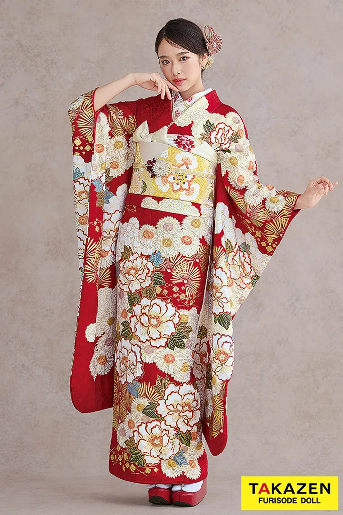 TAKAZENのレンタル振袖 プレミアム古典　滝泰/最高級金彩刺繡絞り友禅　赤　牡丹柄　王道　清楚な振袖　綺麗　高級　天翔天音【通販可】26041