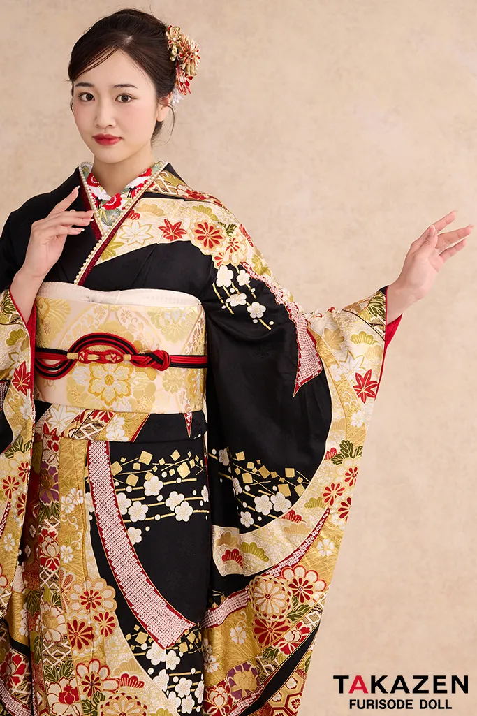 TAKAZENのレンタル振袖 プレミアム古典　滝泰/最高級金彩刺繡絞り友禅　黒　熨斗柄　十日町市長賞受賞　豪華　かっこいい振袖　綺麗　高級　天翔愛【通販可】26042