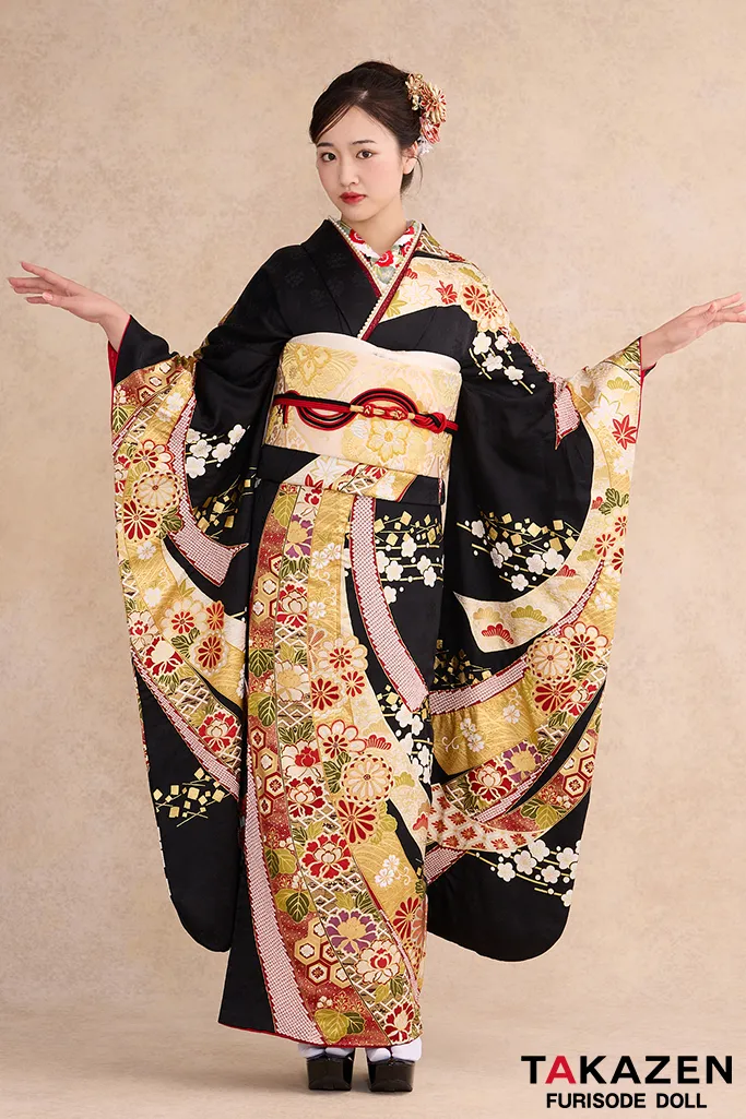 TAKAZENのレンタル振袖 プレミアム古典　滝泰/最高級金彩刺繡絞り友禅　黒　熨斗柄　十日町市長賞受賞　豪華　かっこいい振袖　綺麗　高級　天翔愛【通販可】26042