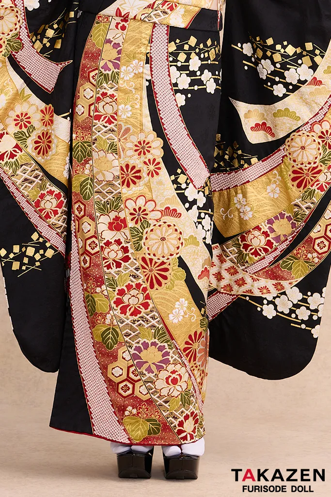 TAKAZENのレンタル振袖 プレミアム古典　滝泰/最高級金彩刺繡絞り友禅　黒　熨斗柄　十日町市長賞受賞　豪華　かっこいい振袖　綺麗　高級　天翔愛【通販可】26042