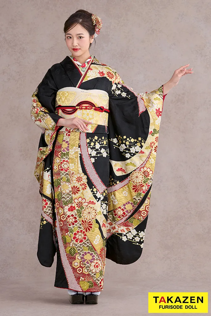 TAKAZENのレンタル振袖 プレミアム古典　滝泰/最高級金彩刺繡絞り友禅　黒　熨斗柄　十日町市長賞受賞　豪華　かっこいい振袖　綺麗　高級　天翔愛【通販可】26042