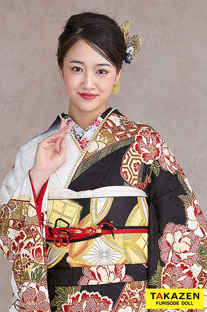 TAKAZENのレンタル振袖 最高級古典柄振袖　滝泰/最高級金彩刺繍絞り友禅　黒/白　牡丹柄　かっこいい　大人っぽい　絞り　天翔愛【通販可】26043
