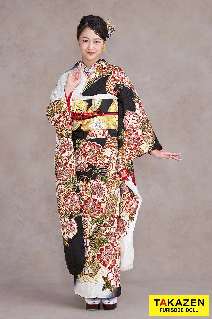 TAKAZENのレンタル振袖 最高級古典柄振袖 滝泰/最高級金彩刺繍絞り友禅 黒/白 牡丹柄 かっこいい 大人っぽい 絞り 天翔愛【通販可】26043