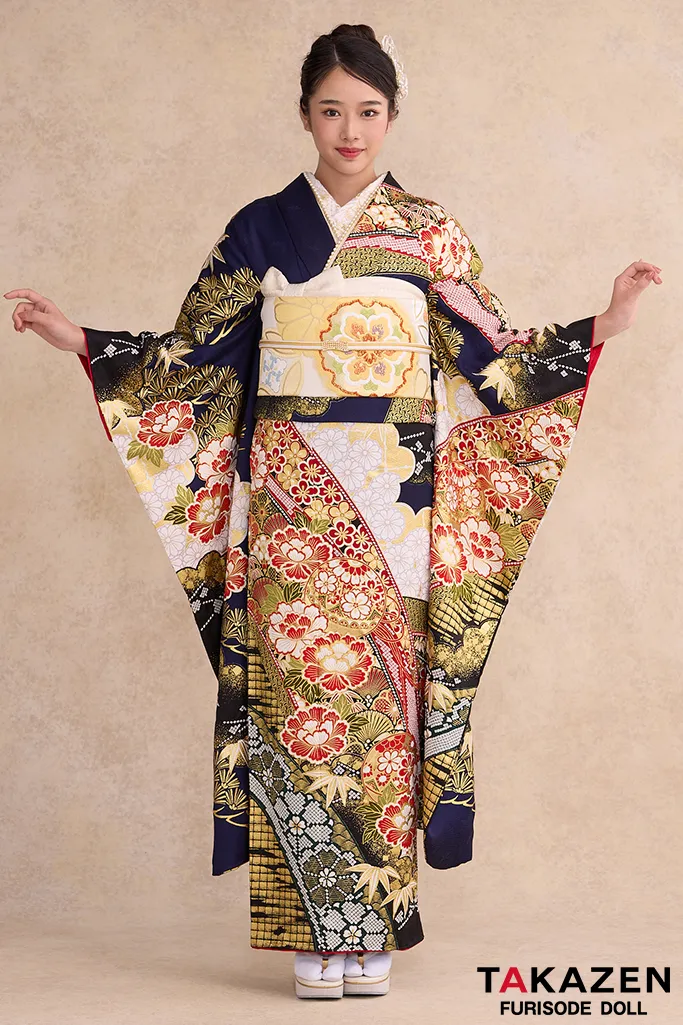 TAKAZENのレンタル振袖 最高級古典柄振袖　滝泰/最高級金彩刺繍絞り友禅　紺色/ネイビー　牡丹柄　豪華　綺麗　上品　絞り　天翔天音【通販可】26044