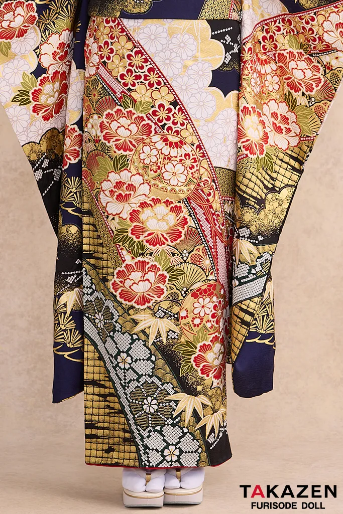 TAKAZENのレンタル振袖 最高級古典柄振袖　滝泰/最高級金彩刺繍絞り友禅　紺色/ネイビー　牡丹柄　豪華　綺麗　上品　絞り　天翔天音【通販可】26044