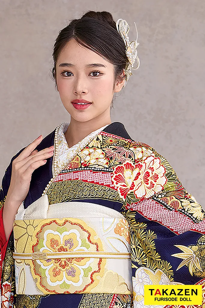 TAKAZENのレンタル振袖 最高級古典柄振袖　滝泰/最高級金彩刺繍絞り友禅　紺色/ネイビー　牡丹柄　豪華　綺麗　上品　絞り　天翔天音【通販可】26044