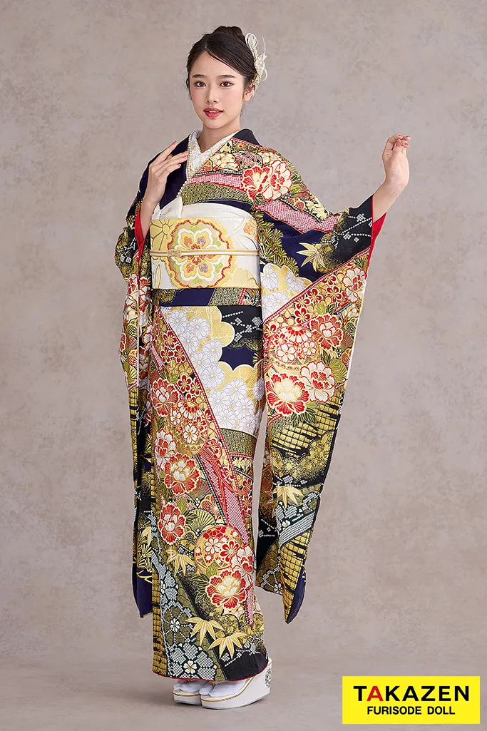 TAKAZENのレンタル振袖 最高級古典柄振袖 滝泰/最高級金彩刺繍絞り友禅 紺色/ネイビー 牡丹柄 豪華 綺麗 上品 絞り 天翔天音【通販可】26044