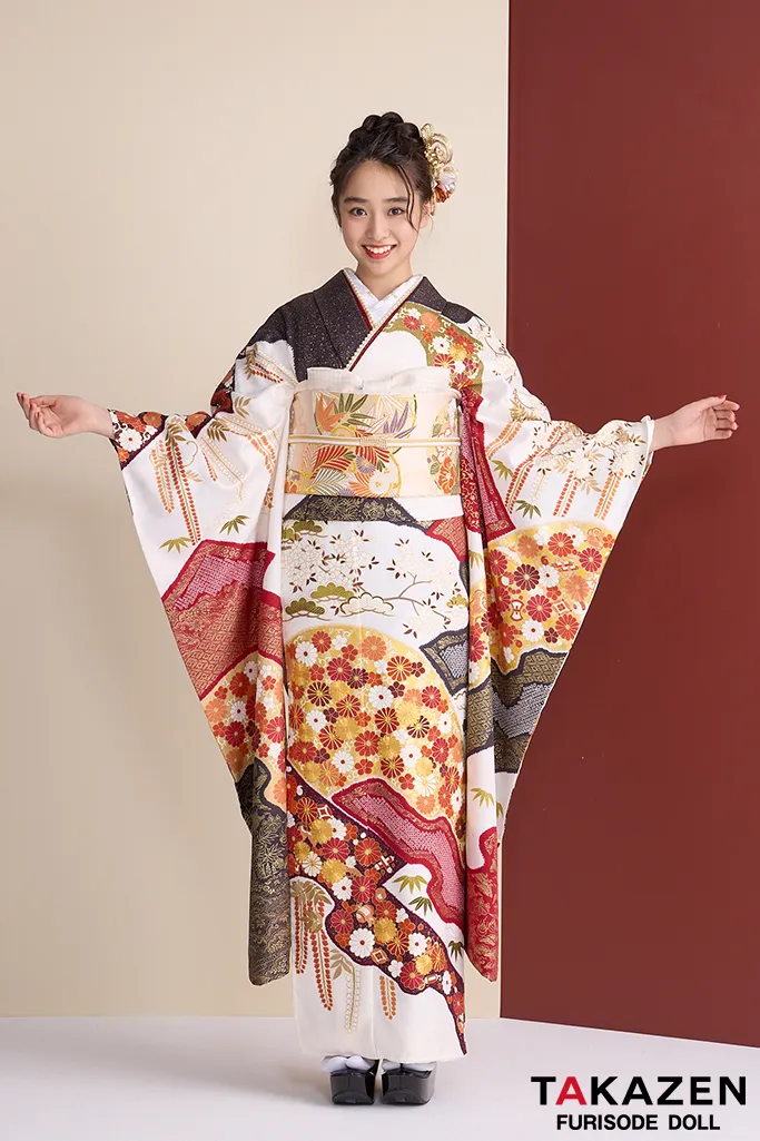 TAKAZENのレンタル振袖 プレミアム古典　青柳/最高級金駒繍絞り手描友禅　白/赤　菊柄　高級振袖　綺麗　はんなり　豪華　藤岡舞衣【通販可】26045
