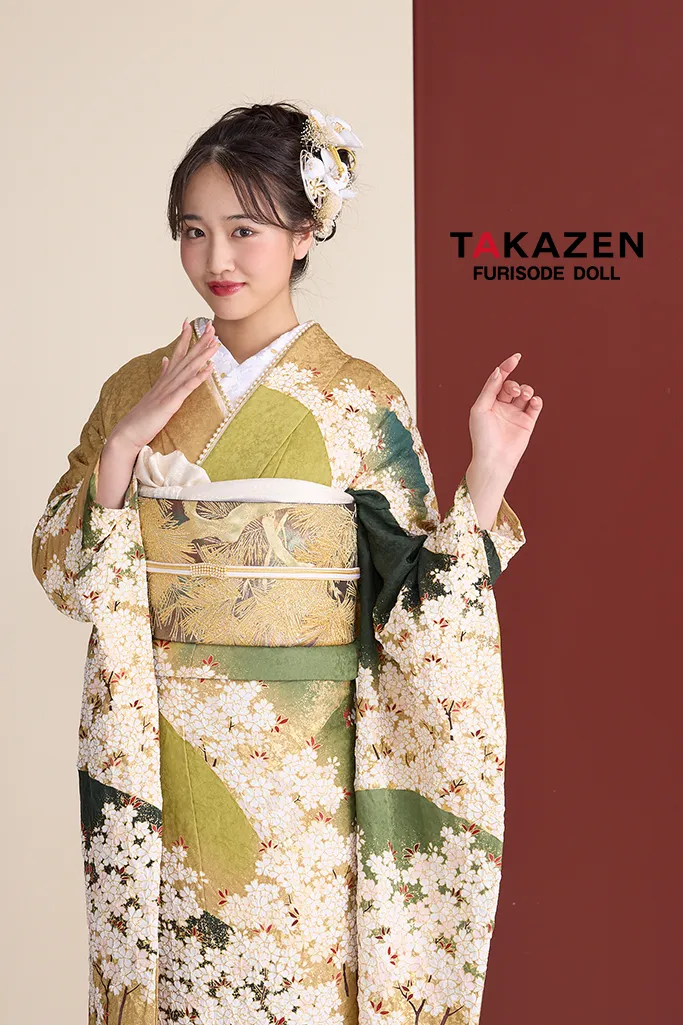 TAKAZENのレンタル振袖 プレミアム古典 青柳/最高級絞り手描友禅 緑/鶸色 桜柄 高級振袖 大人っぽい 人とかぶらない 天翔愛【通販可】26046