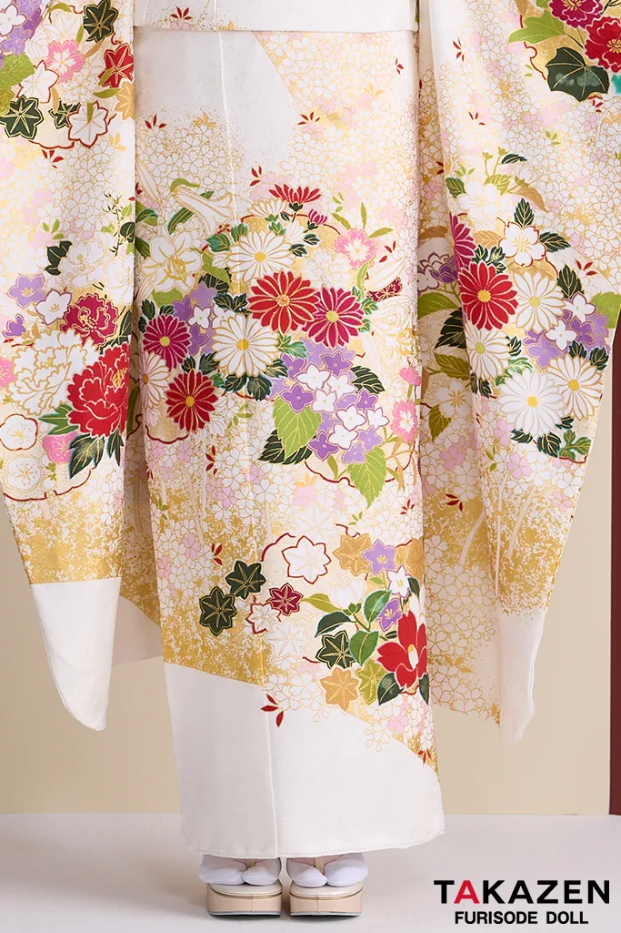 TAKAZENのレンタル振袖 プレミアム古典　青柳/最高級絞り手描友禅　白　菊柄　上品な振袖　綺麗　柄小さめ　かわいらしい　藤岡舞衣【通販可】26047