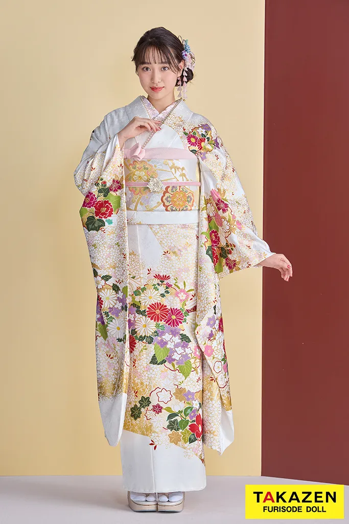 TAKAZENのレンタル振袖 プレミアム古典　青柳/最高級絞り手描友禅　白　菊柄　上品な振袖　綺麗　柄小さめ　かわいらしい　藤岡舞衣【通販可】26047