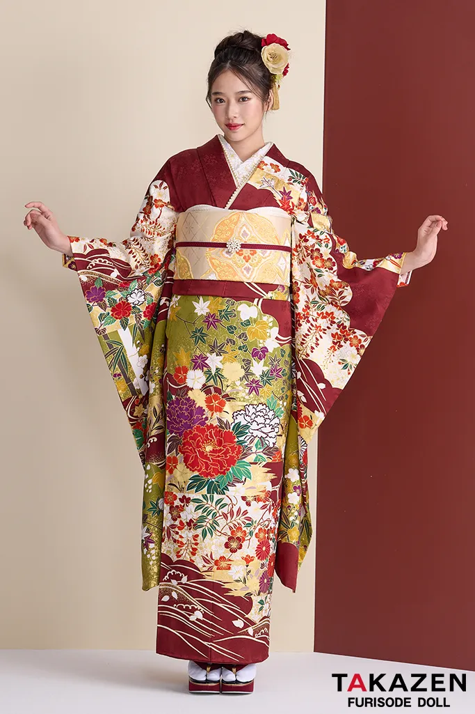 TAKAZENのレンタル振袖 プレミアム古典　青柳/最高級金彩絞り手描友禅　エンジ　牡丹柄　大人っぽい振袖　豪華　かっこいい　天翔天音【通販可】26048
