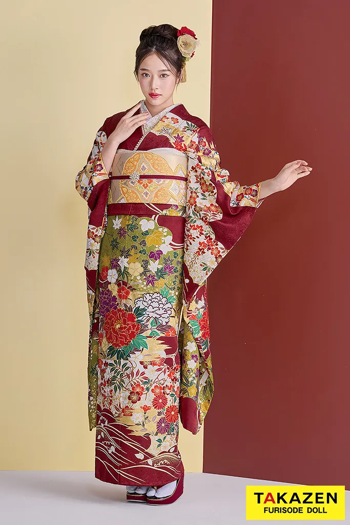 TAKAZENのレンタル振袖 プレミアム古典　青柳/最高級金彩絞り手描友禅　エンジ　牡丹柄　大人っぽい振袖　豪華　かっこいい　天翔天音【通販可】26048