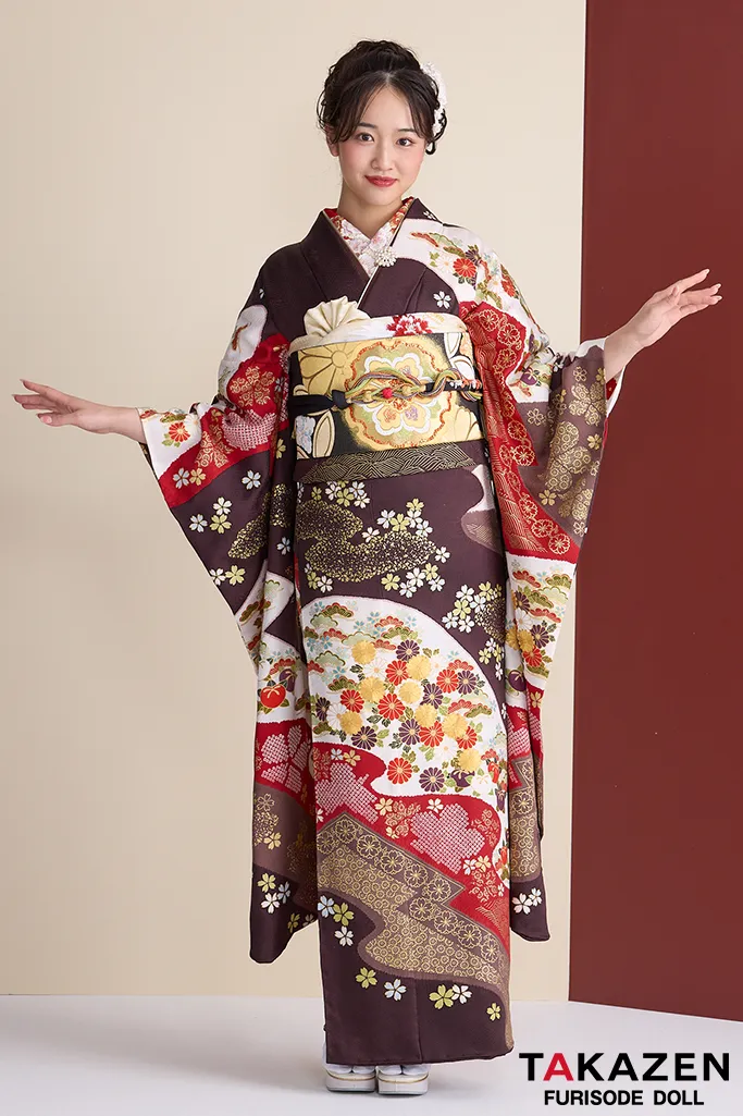 TAKAZENのレンタル振袖 プレミアム古典　青柳/最高級金駒繍絞り手描友禅　茶色/ブラウン　柄小さめ　高級古典振袖　豪華　上品　清楚　天翔愛【通販可】26050