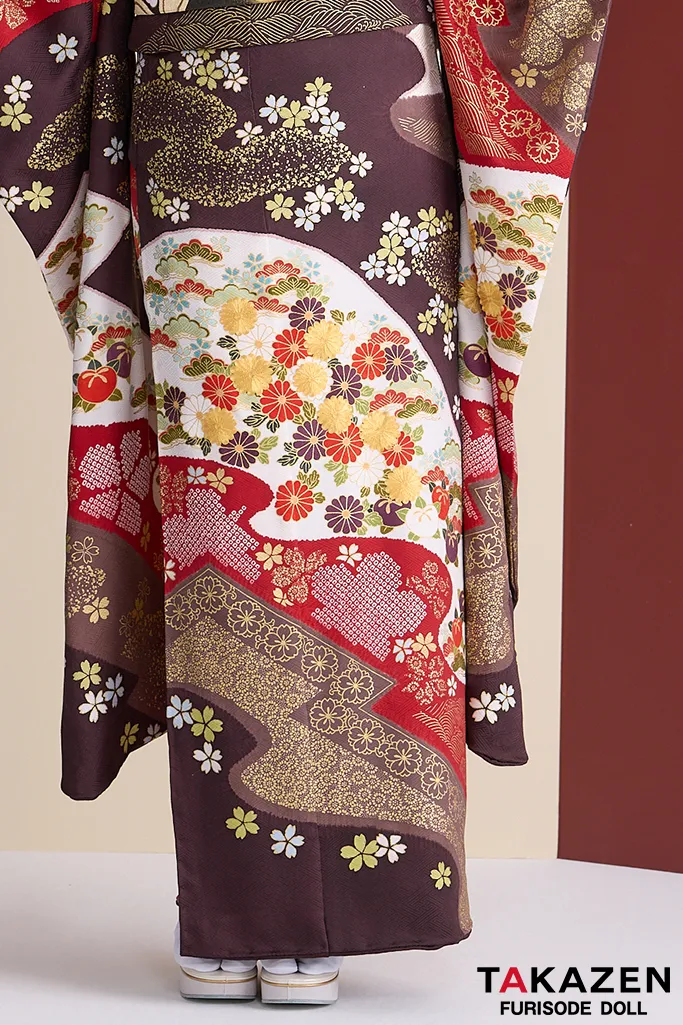 TAKAZENのレンタル振袖 プレミアム古典　青柳/最高級金駒繍絞り手描友禅　茶色/ブラウン　柄小さめ　高級古典振袖　豪華　上品　清楚　天翔愛【通販可】26050