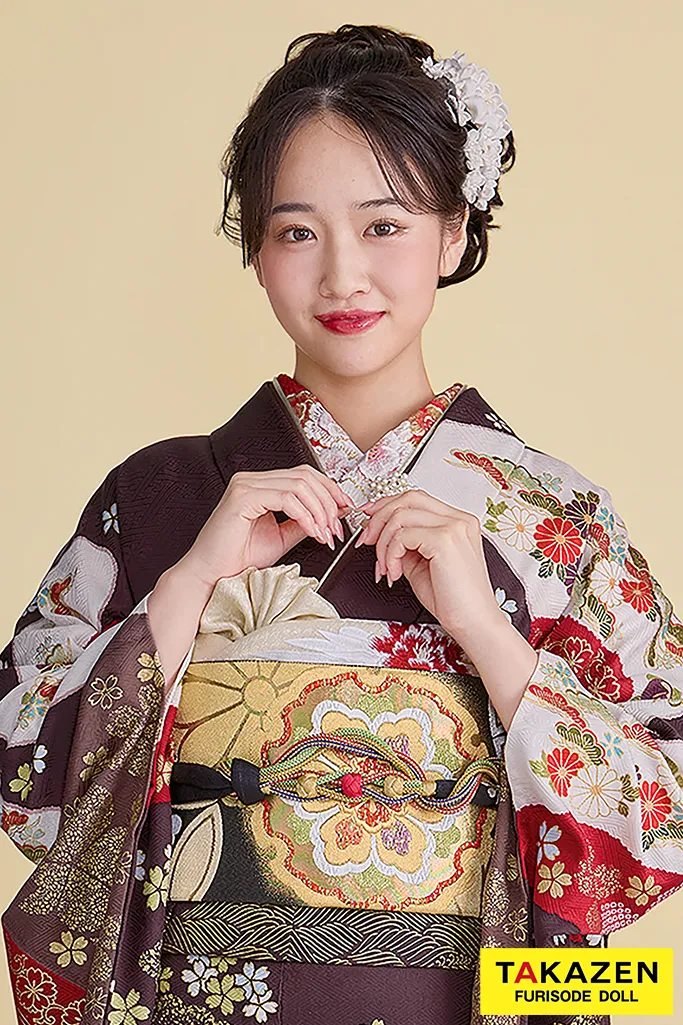 TAKAZENのレンタル振袖 プレミアム古典　青柳/最高級金駒繍絞り手描友禅　茶色/ブラウン　柄小さめ　高級古典振袖　豪華　上品　清楚　天翔愛【通販可】26050